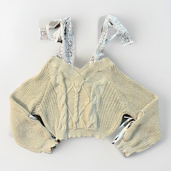 Off Shoulder Knit Sweater Top Beige Cable Knit Lace Detail Y2K Boho Size Small - Picture 1 of 4